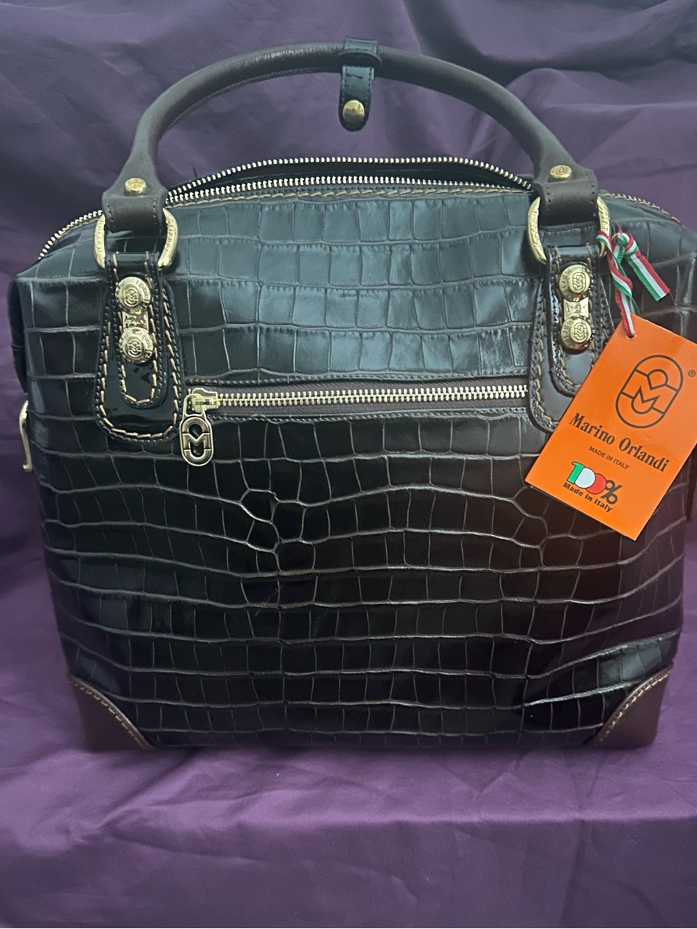 Marino Orlandi Merlot Croc-Embossed Leather Satchel